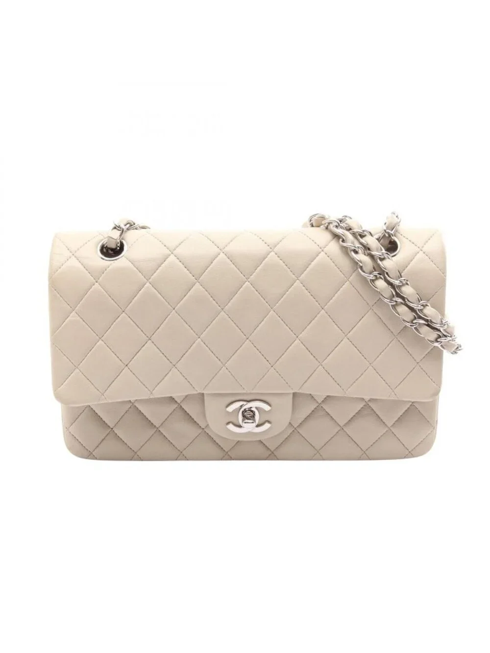 Chanel Shoulder Bag Quilted Double Flap Light Gray Lambskin Chain